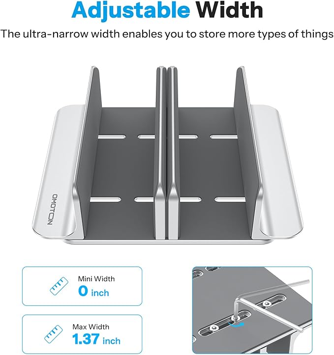 OMOTON 3-Slot Vertical Laptop Stand, Desktop Aluminum Stand for MacBook with Adjustable Dock Size, Fits All MacBook, Surface, Chromebook and Gaming Laptops (Up to 17.3 inches), Bright Silver