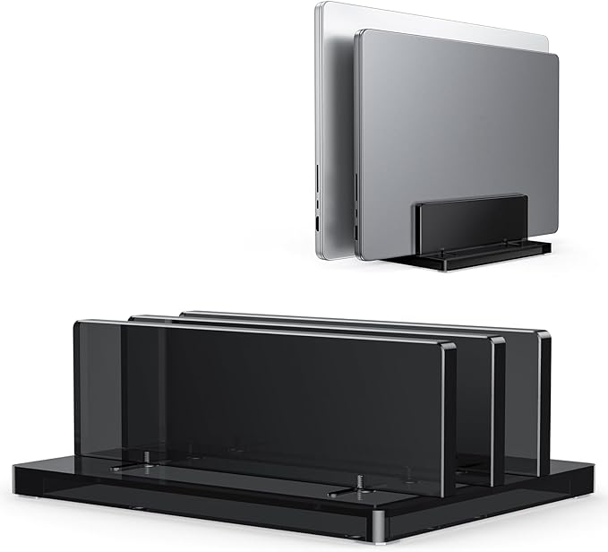OMOTON Vertical Laptop Stand for Desk, Acrylic Laptop Holder Desktop Clear Adjustable Dock for MacBook Pro Air, HP, All Gaming Laptops up to 17” (Black, Dual Slot)