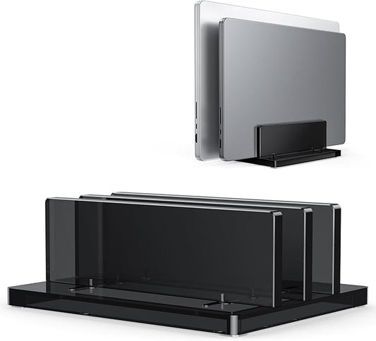 OMOTON Vertical Laptop Stand for Desk, Acrylic Laptop Holder Desktop Clear Adjustable Dock for MacBook Pro Air, HP, All Gaming Laptops up to 17” (Black, Dual Slot)