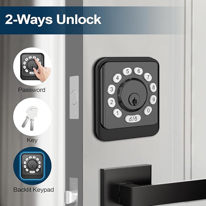 GEONFINO Keyless Entry Door Lock with Keypad, Smart Deadbolt for Front Door, Black Door Lock with 2 Keys, Keypad Deadbolt with Easy Installation