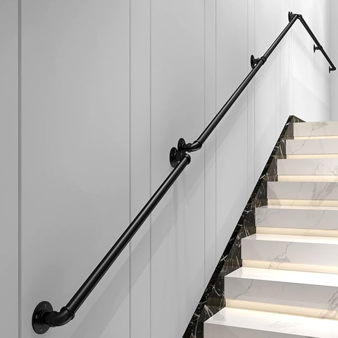 willstar 13FT Industrial Staircase Handrail Non-Slip Pipe Bar Foot Rail Wall Mount Stair Rail Vintage Grab Bar for Steps Black Iron Pipe Handrail for Outdoor Indoor Stairs Loft Porch Hand Rail (13ft)