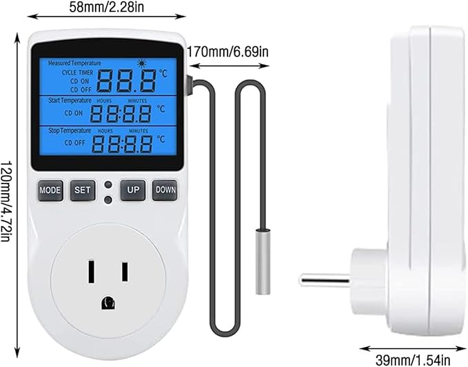 Backlit Digital Temperature Controller, LCD Screen Heating Cooling Thermostat Outlet Socket with Sensor Timer Regulator for Reptile Incubator Greenhouse Brewing Refrigerator, 120V, 15A, ℉/℃