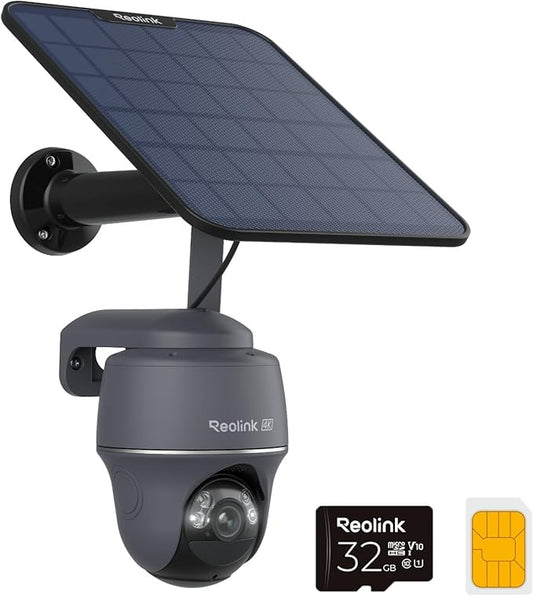 REOLINK 4K 4G LTE Cellular Security Camera, 8MP No WiFi Solar Powered, Pan Tilt 360° with Smart Detection, Color Night Vision, Local Storage, SIM+32GB SD Card Included, Go PT Ultra-Grey+Solar Panel 2