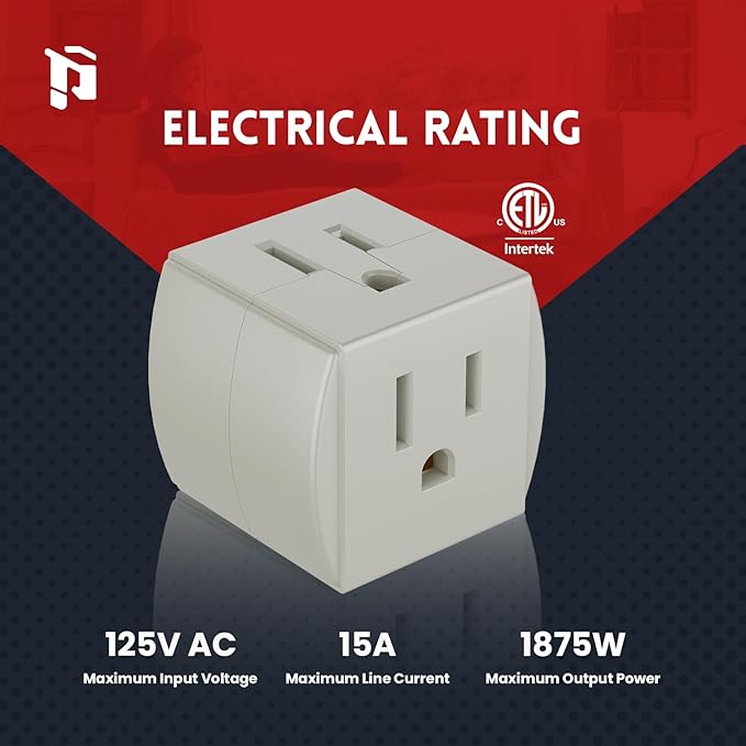 3 Outlet Wall Adapter, 90 Degree 3 Way Plug Adapter Cube Tap, 3 Prong Multi Plug Outlet, Outlet Extender for Home Office School Dorm, ETL Listed, Grey