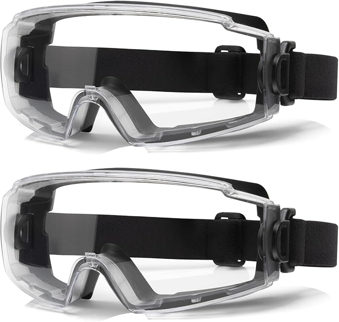 Safety Goggles Over Glasses - ANSI Z87.1 Certified Eye Protection for Chemistry Lab Work & Industrial Use - Anti-Fog Clear Lens, Impact Resistance - Adjustable Strap - Men & Women (2 Pack)
