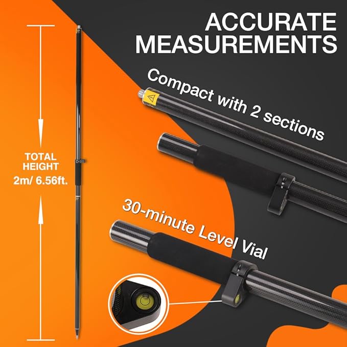 Carbon Fiber 2M 2Section Survey Pole–GPS Rover Rod 6.5FT/2M 2Sections Design for Land Surveying & Engineering – RTK GPS/GNSS Accessory –Includes Level Vial & Carrying Bags (GLS22-B)