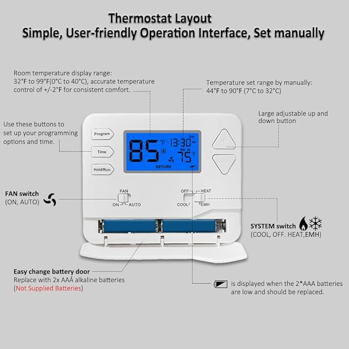 Thermostat for Heat Pump,Programmable Thermostat for Home,Single-Stage Systems,2 Heat/1 Cool Heat Pump Or 1 Heat/1 Cool,Easy DIY Install,Blue Backlight