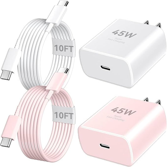 Phone 16 Pro Max Charger Fast Charging, 45W Super Fast USB C Charger Block with 10FT Long Charging Cord Cable for Phone 16 Pro Max/16 Pro/16/16 Plus,15 Pro Max/15 Pro/15,Android Phone-White&Pink