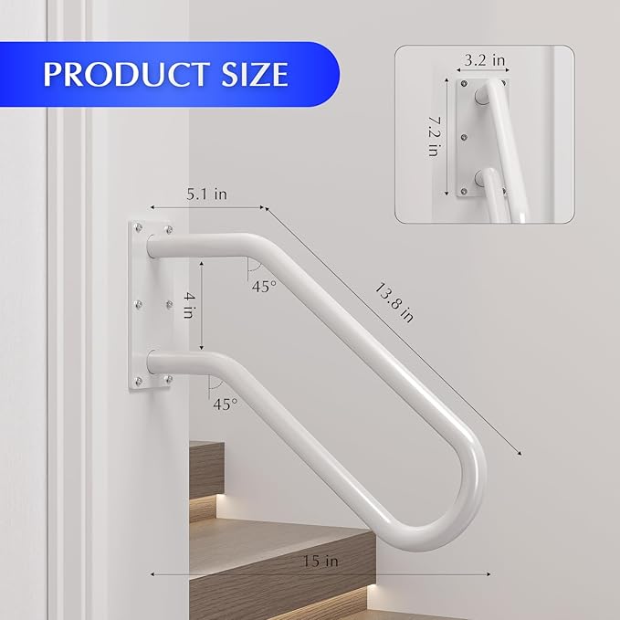 Hand Rails for Outdoor 1-2 Steps, Indoor Stairs, Bathroom, Wall Mount Non-Slip U-Shape Stair Hand Railing White 2 Pack