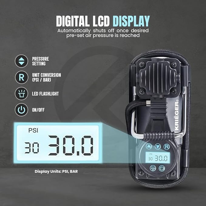 K KRIËGER Air Compressor Portable Tire Inflator 12V DC Air Pump for Car Tires with Digital Tire Pressure Gauge 120 Max PSI Preset Pressure Feature, LED, Digital Display Includes Storage Bag