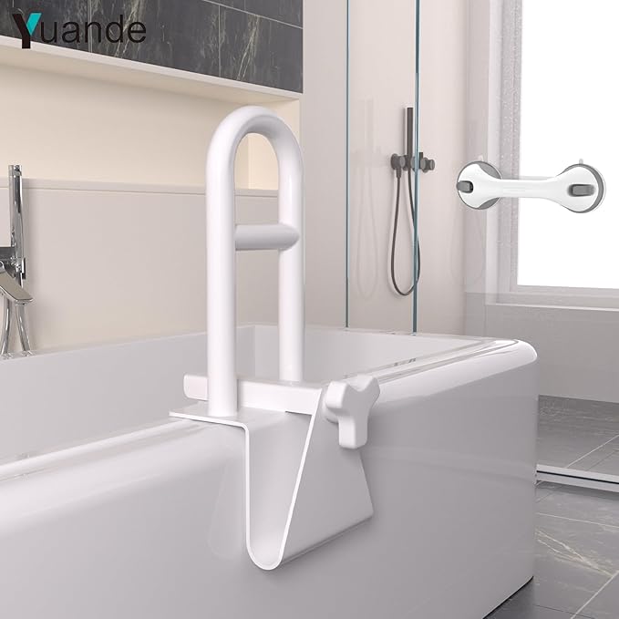 Adjustable Bathtub Safety Rail with Showers Suction Handle,YuanDe 17x6 Inch Stainless Steel Tub Handle Grab Bar, Heavy Duty Bath Handles Clamp for Elderly Seniors Injury Disabled (300 LBS), White
