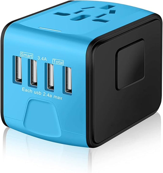 Universal International Travel Power Adapter W/Smart High Speed 2.4A 4xUSB Wall Charger, European Travel Plug Adapter, Worldwide AC Outlet for Europe, UK, US, AU, Asia-Blue