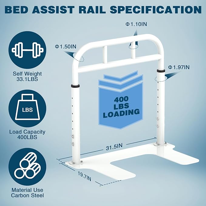 Bed Rail for Elderly Adults Safety, Heavy Duty Bed Rail with 6 Adjutsable Heights, Bed Assist Rail for Seniors, Twin, Queen, King Size Bed (400 LBS Loading, White)