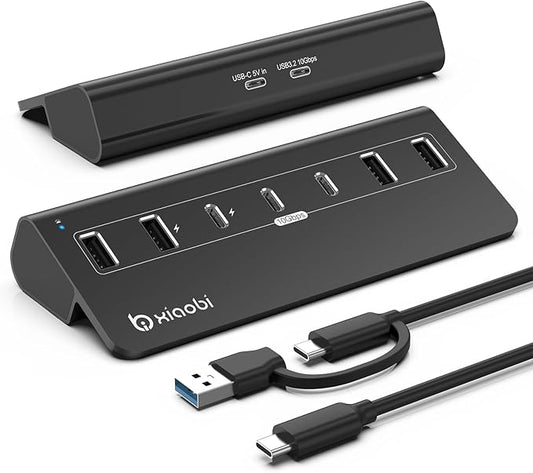 USB C Hub,Powered USB Hub with 5V 3A Power Adapter, 10Gbps USB Splitter with 4 USB-A and 3 USB-C Ports, 7-Port Type C Multiport Adapter for MacBook Air/Pro, iPhone 16/15, Laptop and More(Black)
