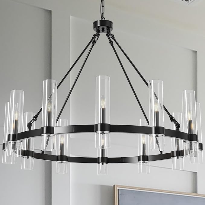 43 Inch Black Wagon Wheel Chandelier, 12 Lights with Glass Shades Light Fixtures, Large Modern Farmhouse Pendant Light for Dining Room, Living Room, Kitchen, Foyer, High Ceilings