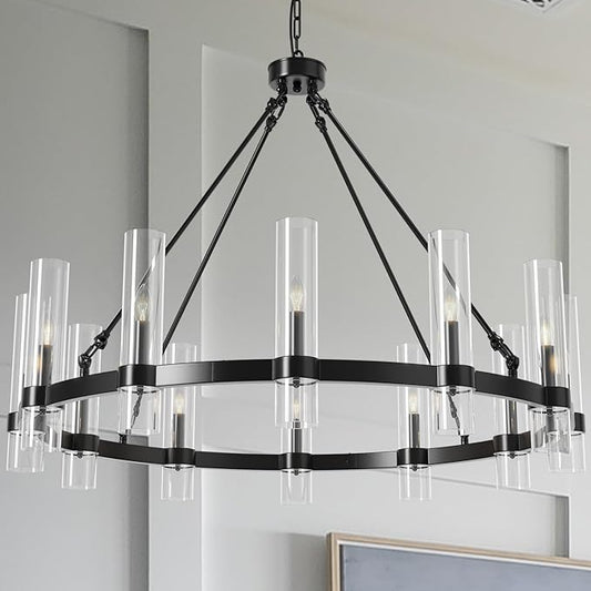 43 Inch Black Wagon Wheel Chandelier, 12 Lights with Glass Shades Light Fixtures, Large Modern Farmhouse Pendant Light for Dining Room, Living Room, Kitchen, Foyer, High Ceilings