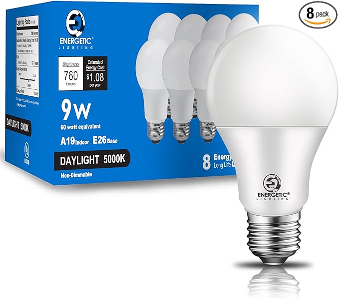 Light Bulbs 60 Watt Equivalent, A19 Daylight LED Light Bulbs, 15000 Hrs E26 Base, 8-9W, 800-760LM 5000K Light Bulb, UL Listed, Non-Dimmable, 8-Pack