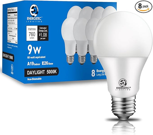 Light Bulbs 60 Watt Equivalent, A19 Daylight LED Light Bulbs, 15000 Hrs E26 Base, 8-9W, 800-760LM 5000K Light Bulb, UL Listed, Non-Dimmable, 8-Pack