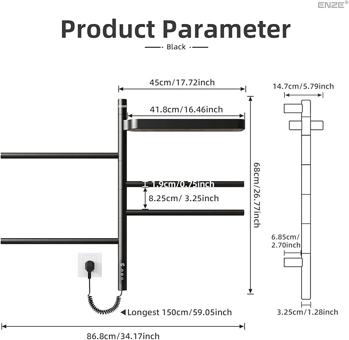 ENZE Smart Rotating Heated Towel Rack for Bathroom, Wall-Mounted Electric Towel Dryer with Swivel Bars & Shelf, Smart Timer, Low Carbon Steel, Plug-in/Hardwired, Towel Warmer with Wi-Fi App Control
