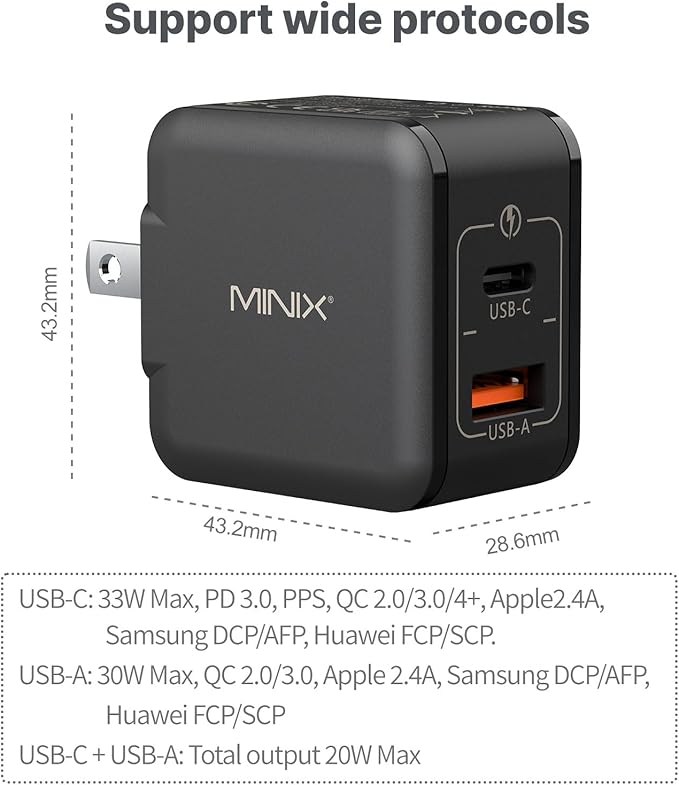 MINIX P1 Mini 30W USB C Charger, 33W PPS 2-Port GaN Charger 1 USB-C Port, 1 USB-A Port with Foldable Plug, Compatible with iPhone 8-15/16 Series, Galaxy S10-S23, Pad and More