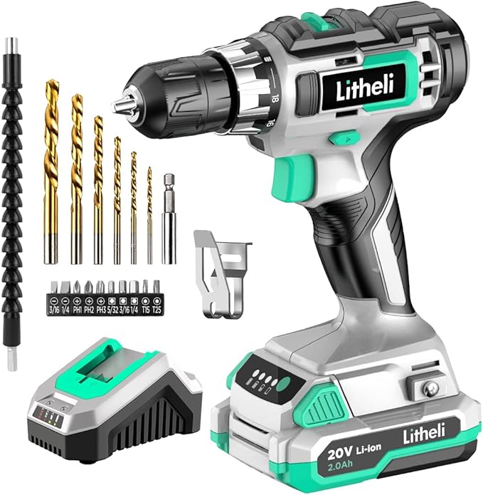 Litheli Cordless Drill Set, 20V Max Power Drill Cordless Set, 3/8” Keyless Chuck, 18+1 Torque Settings, Variable Speed, w/ 2.0 Ah Battery and 1 Hour Fast Charger Included