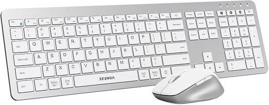 seenda Bluetooth Keyboard and Mouse, Wireless Keyboard Mouse Combo 2.4G+Dual Bluetooth Multi-Device Connection Full Size Ultra-Slim Keyboard with Number Pad for Windows/Mac,White & Silver