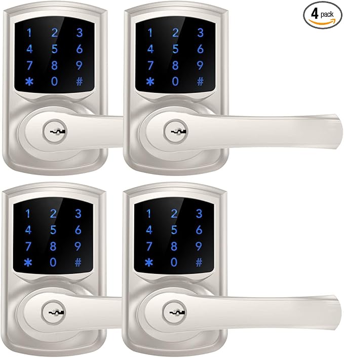 Keyless Entry Door Lock with Keypad and Handle for Front Doors, Touchscreen, Anti-peep Password, Auto-Locking, Satin Nickel 4 Pack