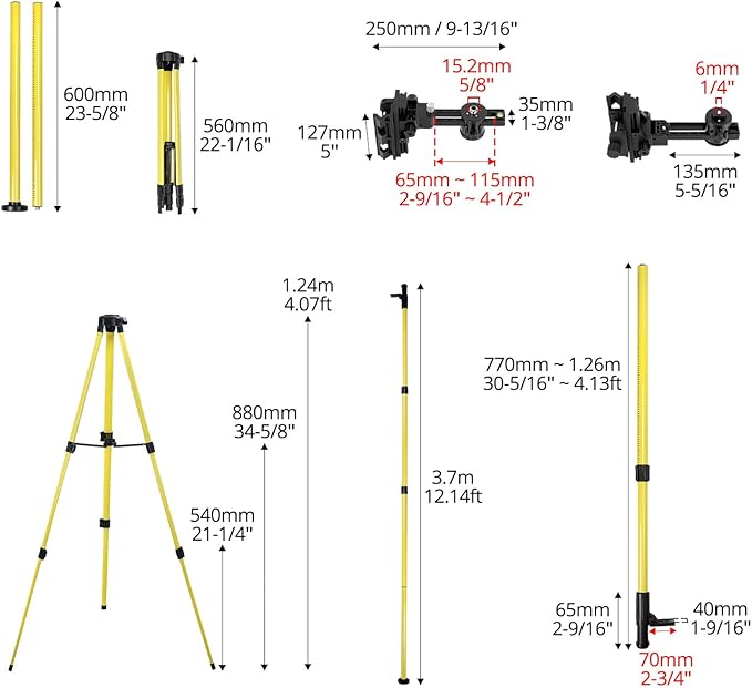 QWORK Laser Level Pole, 12 Ft./3.7M Adjustable Telescoping Laser Pole with Tripod, 1/4-Inch by 20-Inch Mount, Includes 5/8"-11 Adapter