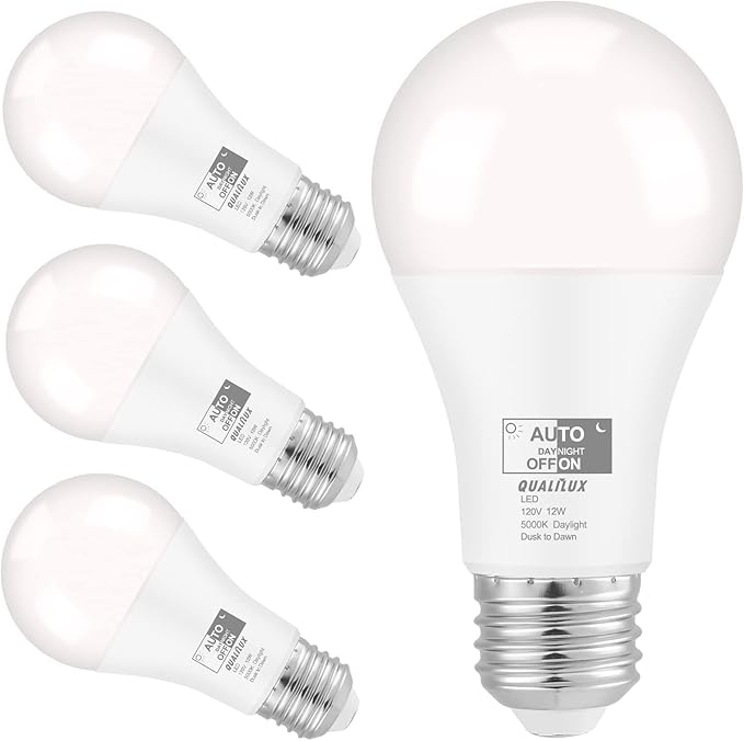 Dusk to Dawn Light Bulbs 1000 Lumen, Daylight, LED 12W, A19 E26, 4-Pack, HQ-H024