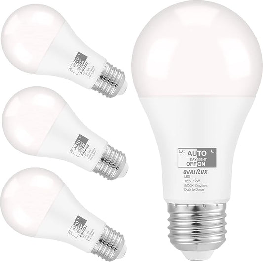 Dusk to Dawn Light Bulbs 1000 Lumen, Daylight, LED 12W, A19 E26, 4-Pack, HQ-H024