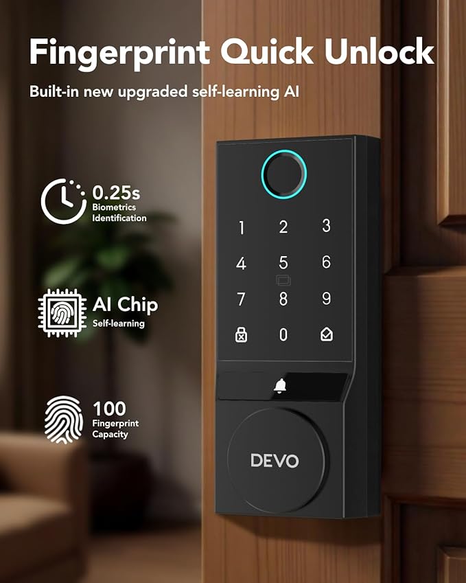 Devo G3 Fingerprint Smart Door Lock, Keyless Entry Door Lock, App Control, Smart Locks for Front Door, Smart Deadbolt Lock, Built-in Wi-Fi, Touchscreen Keypad, 8 Months Battery, IP54 Waterproof