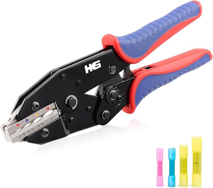 HKS Crimping Tool For Heat Shrink Connectors - Ratcheting Wire Crimpers - AWG 22-8 (0.5-8.0mm²) - Ratchet Terminal Crimper - Electrical Crimping Tool
