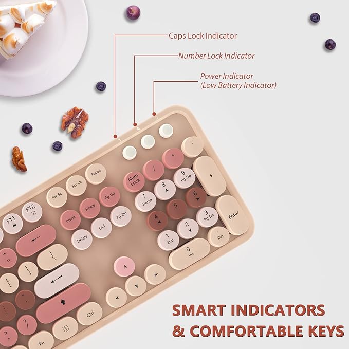 Wireless Keyboard and Mouse, KOOTOP Cute Keyboard and Mouse, 2.4G Wireless Keyboard with Retro Round Keycap for PC, Mac, Laptop,Computer Windows (Milk Tea)