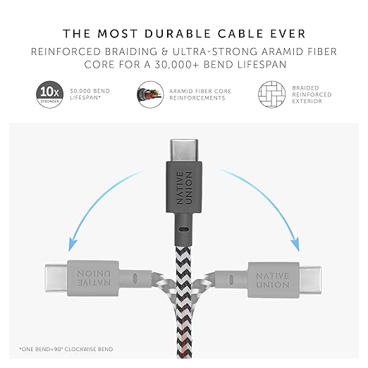 Native Union Type-C Belt Cable - USB-C to USB-C 4ft Ultra-Strong Charging Cable Compatible with iPhone 16, 16 Plus, 16 Pro, 16 Pro Max, iPad Pro, iPad Air, Samsung S24, Flip 6, Fold 6 (Zebra)