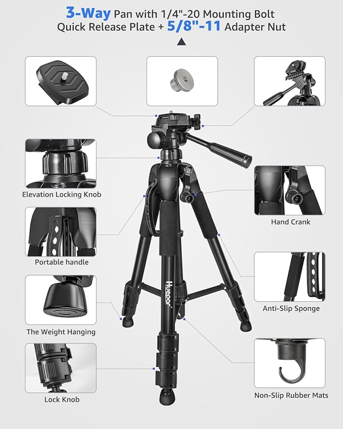 Laser Level Tripod, Huepar 56-inch Extendable Height Tripod Use with Line Lasers, Point Lasers, Laser Distance Measures, 1/4" and 5/8" Thread Mount, Multi-Function Hook, Non-Skid Feet, TPD14