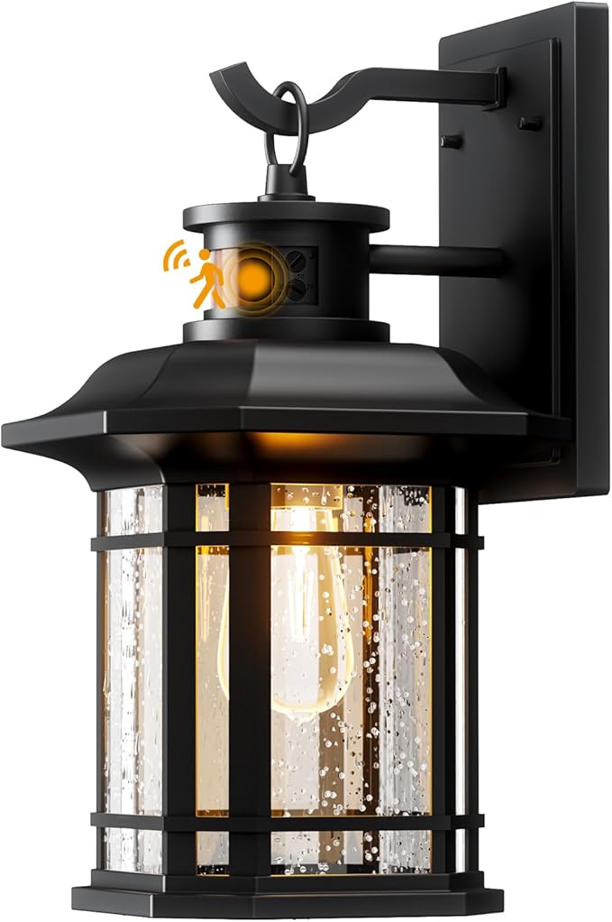 Motion Sensor Outdoor Wall Light, IP65 Waterproof Dusk-to-Dawn Auto Mode, 3 Lighting Modes Black Exterior Lighting for Porch, Patio, Garage