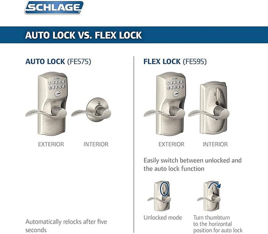 SCHLAGE FE575 PLY 626 FLA Plymouth Keypad Entry with Auto-Lock and Flair Levers, Brushed Chrome