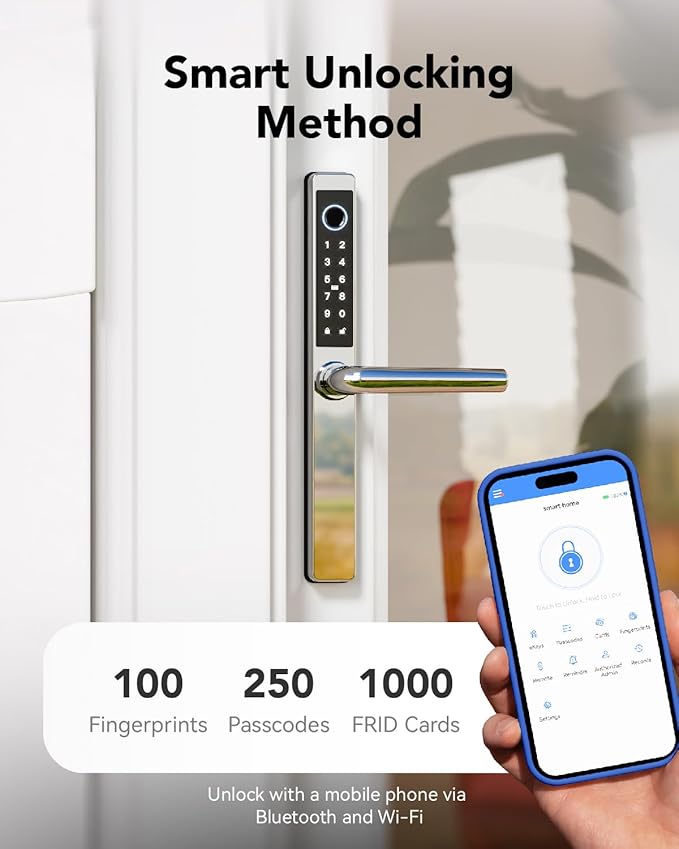 Electronic Smart Door Lock Fingerprint Door Lock with Keypad，Smart Lock for Front Door Children Proof Deadbolt IC Card, App Control & Mechanical Key 40–90mm Multipoint Locks (OSP Mirror Silver)