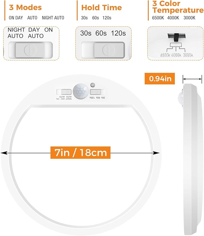 slochi 4Pack Motion Sensor Light Indoor Wired PIR, 3000K/4000K/6500K Closet Lights Motion Sensored, 15W 1500LM 7 in, Timer, Motion Activated Flush Mount Ceiling Light for Hallway Wall Pantry, White