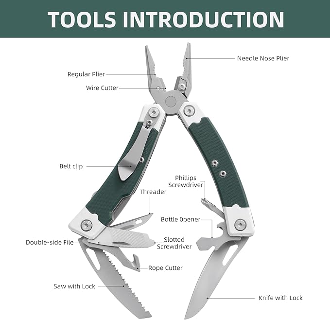 HANSHI G10 Handle Multitool Pliers with YG10 Tungsten Steel Replaceable Wire Cutters 12 in 1 Multi Tool Pocket Knife with Safety Lock,Saw,Bottel Opener for Camping,Survival with Nylon Sheath (green)