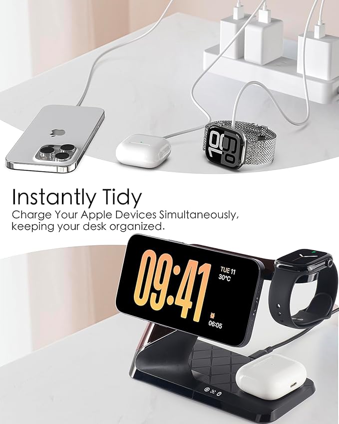 3 in 1 Charging Station for Apple Devices, Mag-Safe Charger Stand, Wireless Charger for iPhone 16/15/14/13/12 Series,& AirPods,& iWatch