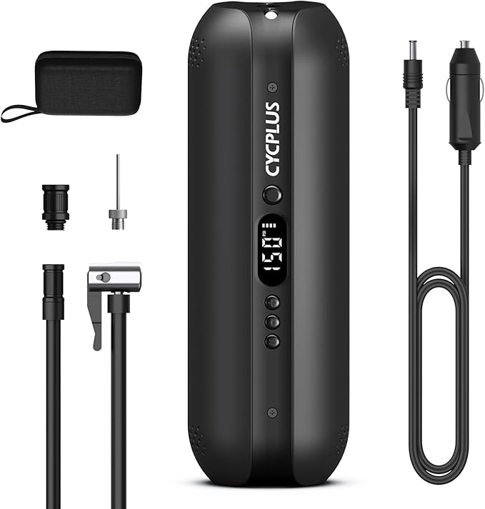 CYCPLUS Tire Inflator Portable Air Compressor - 150PSI Cordless Air Pump with Digital Tire Pressure Gauge, Accurate LCD Display & LED Light, DC/AC 2-in-1 for Car/Motorcycle/E-Bike/Ball(2025 Version)