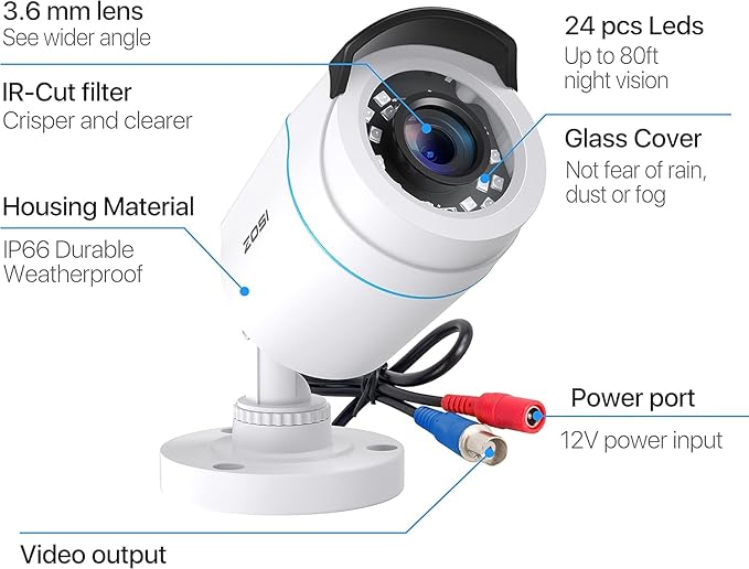 ZOSI 4 x 2MP 1080p HD-TVI Home Security Camera Outdoor Indoor 1920TVL,24PCS LEDs,80ft Night Vision, 90°View Angle, Weatherproof Outside Surveillance CCTV Bullet Camera