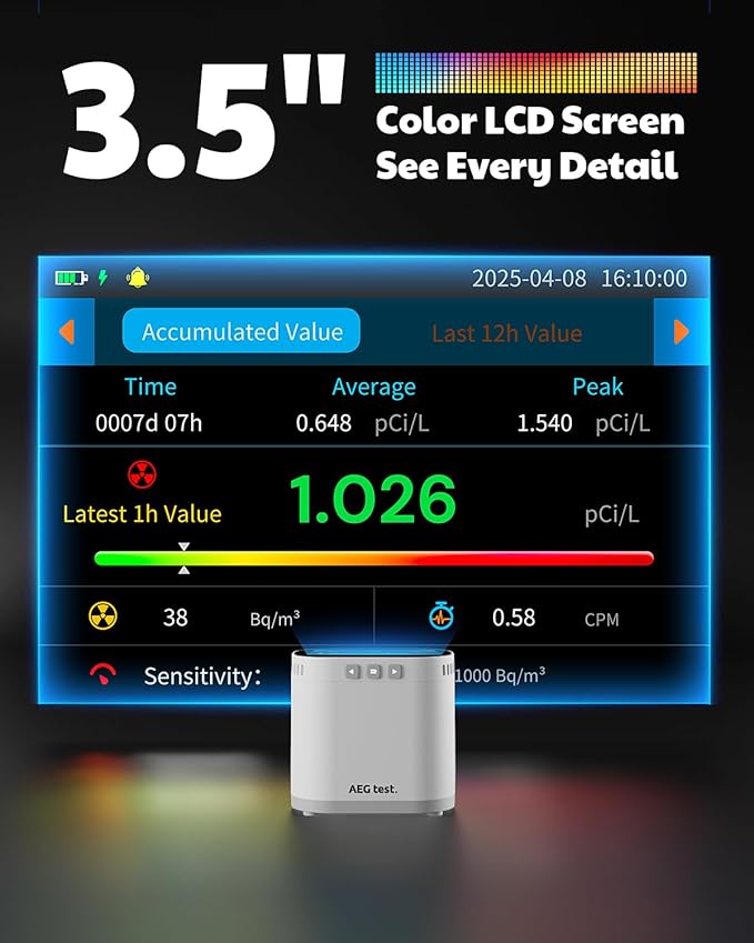 HOUND-3786 Home Radon Monitor, Long-Term Logging & Data Charts, 10-Min Refresh, Rechargeable, 3.5" Display, Sound & Light Alarm, PDF Report, pCi/L & Bq/m³ - White