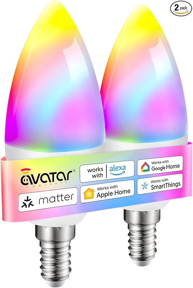 E12 Smart Candelabra Light Bulbs - Matter LED Candle Bulb Compatible with Apple Home/Alexa, No Extra App Needed, Hub Required, 5W RGB + Tunable White Dimmable Lights for Chandelier & Fan