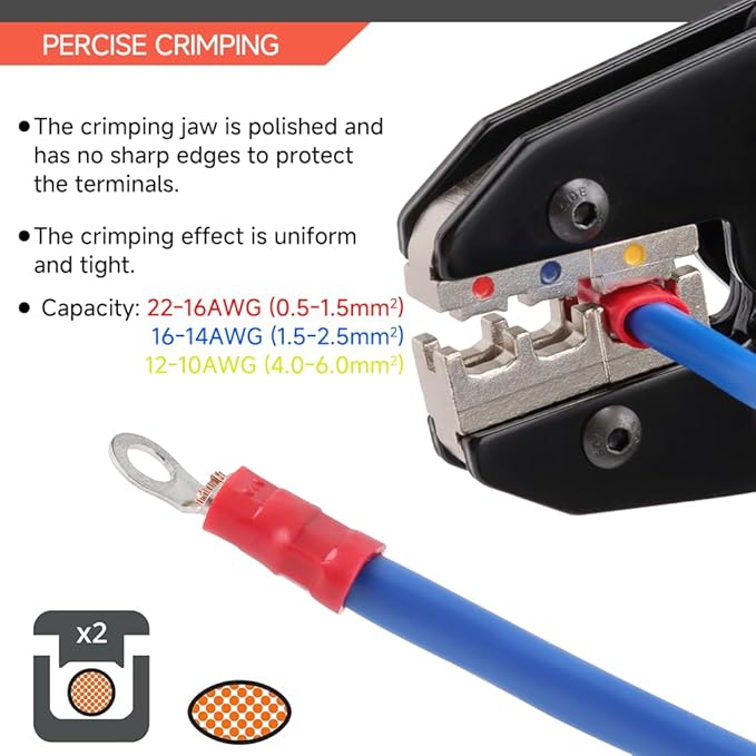 HKS Crimping Tool For Insulated Electrical Connectors - Ratcheting Wire Crimpers - AWG 22-10 (0.5-6.0mm²) - Ratchet Terminal Crimper - Electrical Crimping Tool
