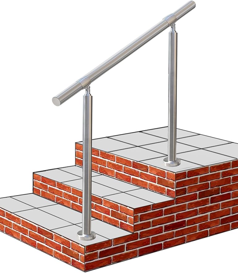 Outdoor 3 Step Handrail, DIY 304 Stainless Steel Transitional Hand Rails with Installation Kit, Silver Porch Stair Railing for Concrete Brick or Wooden Steps, 39 x 36 Inch