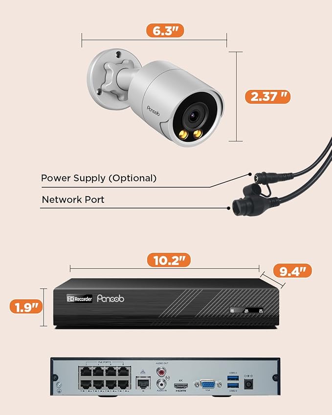 Security Camera System PoE, 8X 4MP Wired Bullet IP Cameras Outdoor Built-in Microphone, AI Human Vehicle Detection, 5MP 8CH NVR with 2TB HDD, Smart Color Night Vision, PB38F0808-4MD