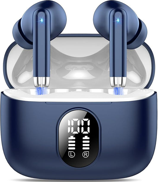 Wireless Earbuds, 2025 New Bluetooth 5.4 Headphones HiFi Stereo with 4 ENC Mic, 40H Mini Ear Buds In-Ear Noise Cancelling Earbuds with LED Screen, Ultra Light Bluetooth Earphones Blue for Android iOS