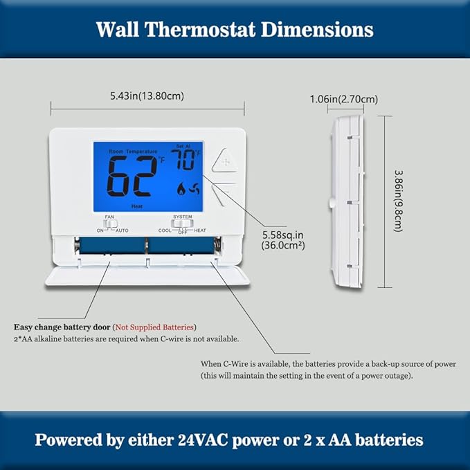 NonProgrammable Thermostat for House, Digital Energy-Saving Thermostat,Single-Stage Systems, 1 Heat/1 Cool, Easy DIY Install, Blue Backlight